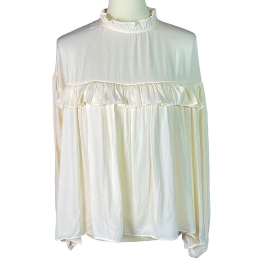 NWT GLAM Cream High Neck Balloon Long Sleeve Blouse Top - Size Large